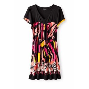 En Focus Women Abstract Print V-Neck Empire Waist Short Sleeve Dress Black Pink